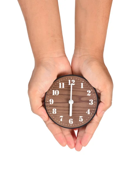 Mano Femenina Mostrando Reloj Marrón Vintage Aislado Sobre Fondo Blanco — Foto de Stock