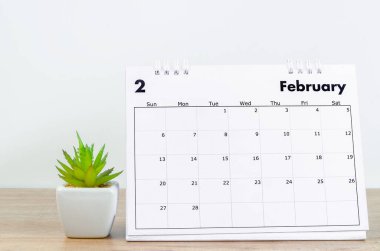 Şubat 2022 Masa takvimi Tahta masanın üzerinde saksıda küçük bir bitki.
