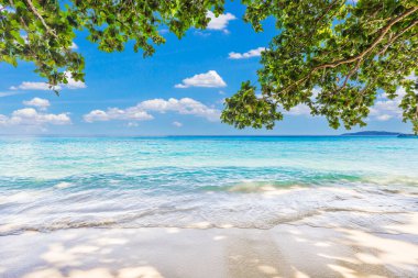 Similan Adaları 'nda kumlu sahilde dalgaların çarptığı güzel kumlu sahil. Similan Ulusal Parkı, Phang nga Tayland' daki 4 numaralı tropikal deniz adası.