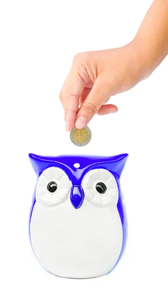 Hand putting coin into a owl bank — Stock Photo, Image