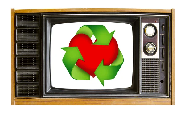 Sztuka telewizyjna i czerwone serce recyklingu znak — Zdjęcie stockowe