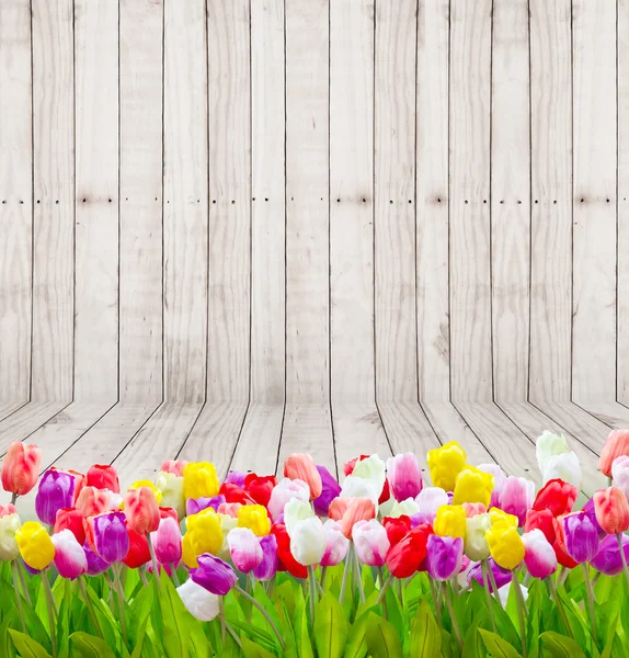 Flores de tulipán sobre papel pintado de madera . — Foto de Stock