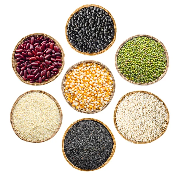 Conjunto de granos de cereales semillas, frijoles rojos, frijoles negros, frijoles verdes , — Foto de Stock
