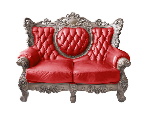 Red luxurious sofa on white background.