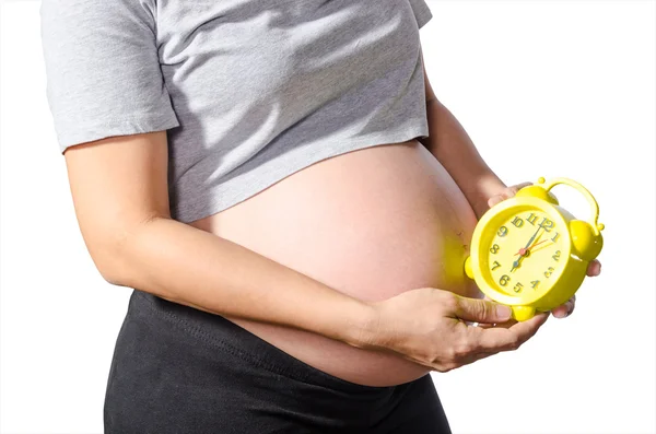 Belly of a pregnant woman with alarm clock — Stock Photo, Image