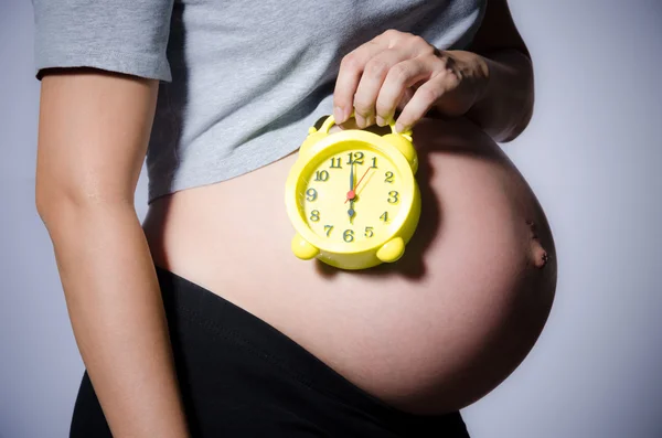 Belly of a pregnant woman with alarm clock — Stock Photo, Image