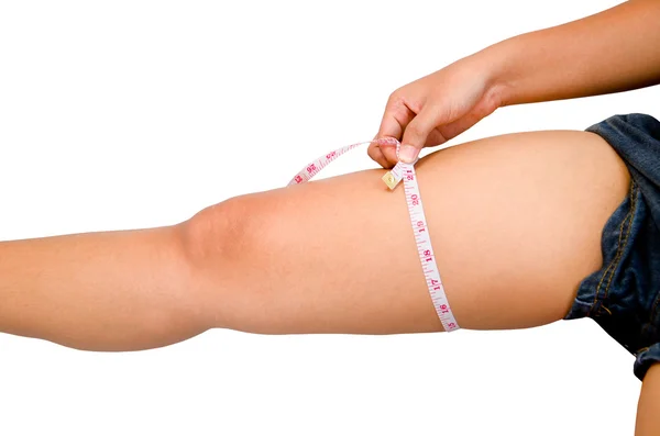 Young Girl Woman her Leg with a Metric Tape measure. Standing Si — Stock Photo, Image