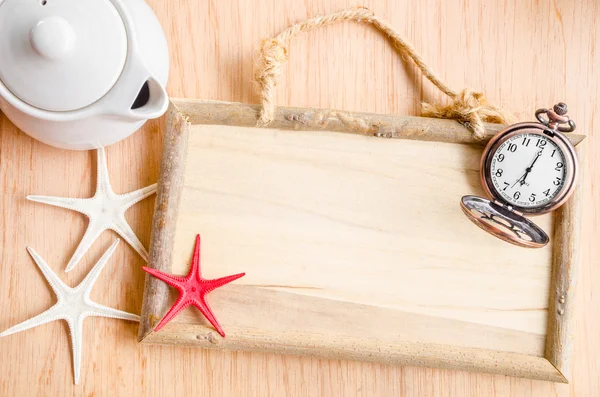 Vintage clock and photo frames wooden — Stok fotoğraf