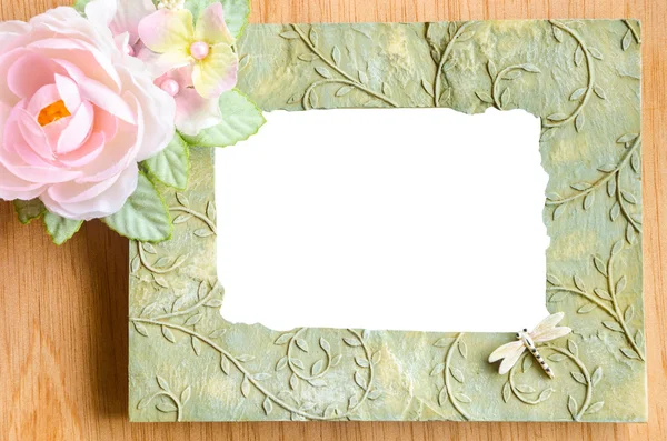 Blank phot frame and pink rose flower — Stock Photo, Image