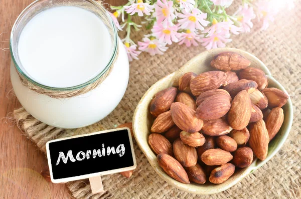 Have a nice day with almond and almond milk. — Stock Photo, Image