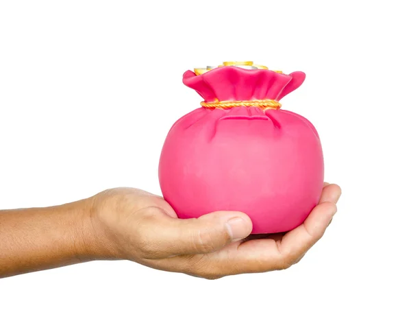Hand hold save pink bag money box. — Stock Photo, Image