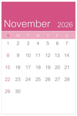 Pembe Kasım 2026 dikey takvim sayfası beyaz arkaplan üzerinde izole, Kaydedilmiş kırpma yolu.