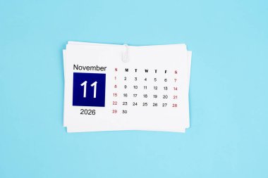 Kasım Takvimi mavi arkaplan 2026 sayfası.