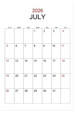 Temmuz 2026 dikey takvim beyaz arkaplanda izole edildi, kırpma yolunu kaydet.