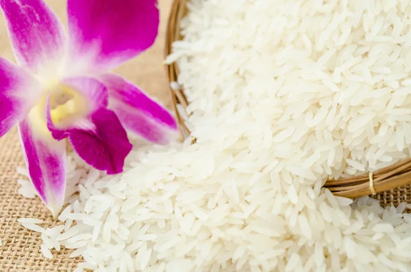 Arroz cru com flor de orquídea violeta . — Fotografia de Stock