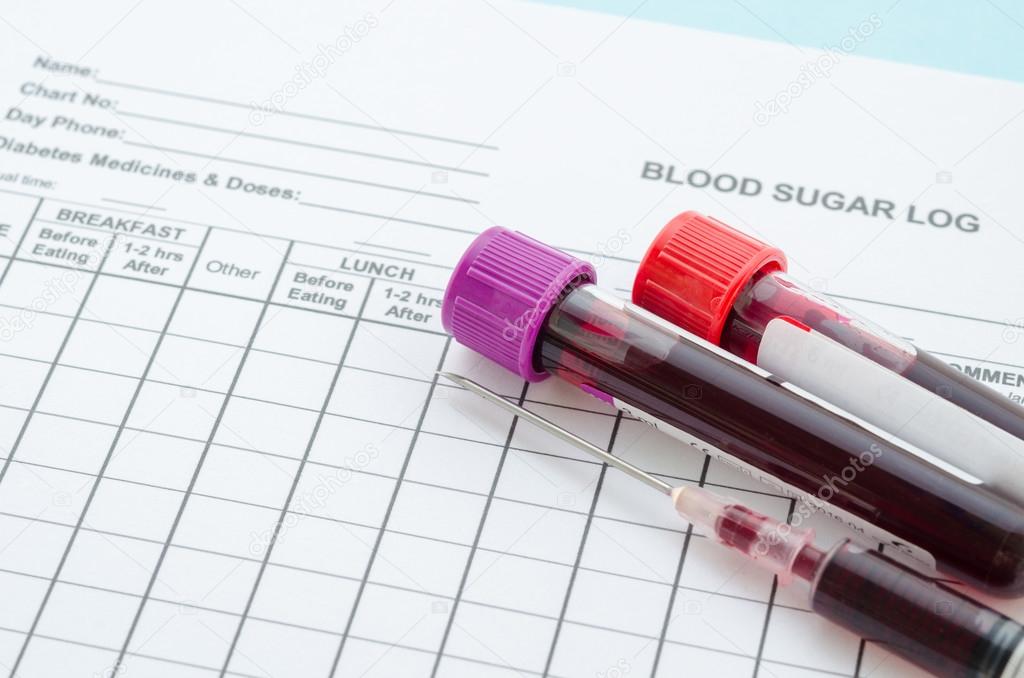Daily blood Sugar log testing and sample blood in tube and syrin