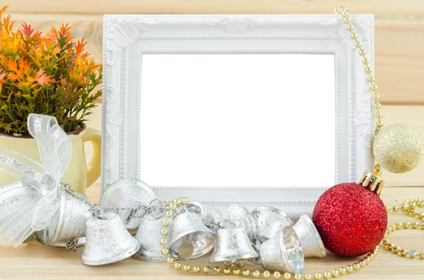 Vintage white blankk photo frame with chirstmas decorations. — Stock Photo, Image