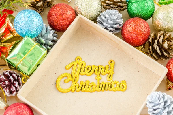 The words Merry Christmas with christmas decorations. — Stock Photo, Image