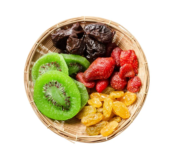 Mix dried fruit in weave wooden basket — Stock Photo, Image