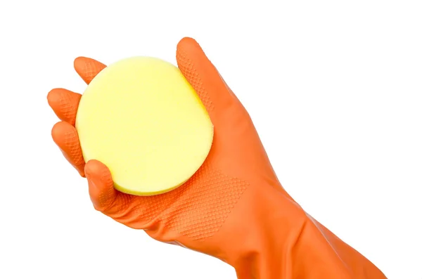 Hand in de handschoen met gele spons. — Stockfoto