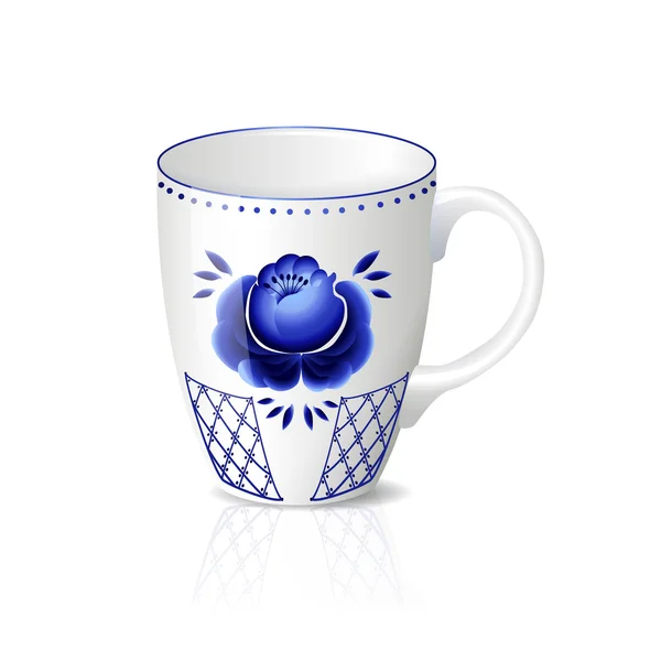 Weiße Tasse mit blauem Blumenschmuck und Reflexion — Stockvektor