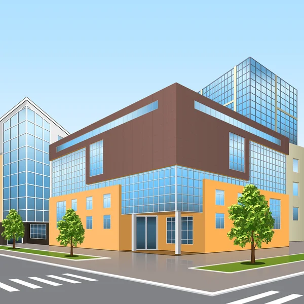 Edificio de oficinas con entrada y reflexión — Vector de stock