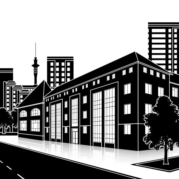 Immeuble de bureaux silhouette avec entrée et réflexion — Image vectorielle