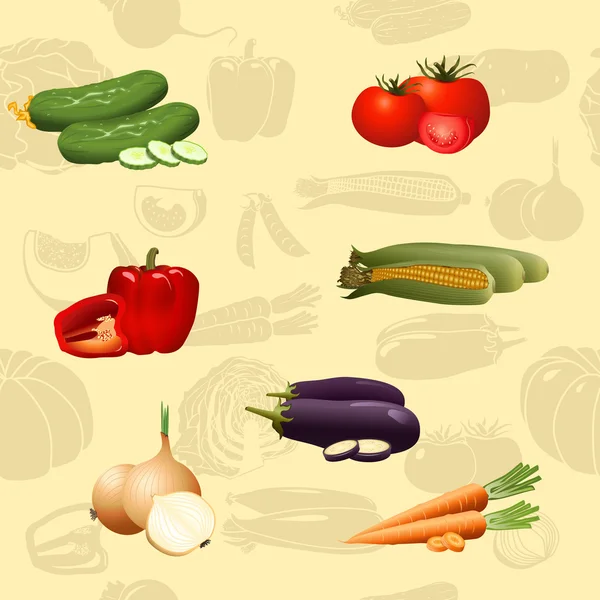 Varrat nélküli mintát zöldségek: kukorica, paradicsom — Stock Vector
