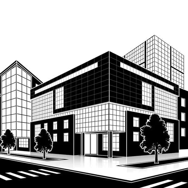 Immeuble de bureaux silhouette avec entrée et réflexion — Image vectorielle