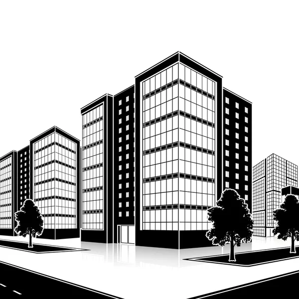 Immeuble de bureaux silhouette avec entrée et réflexion — Image vectorielle