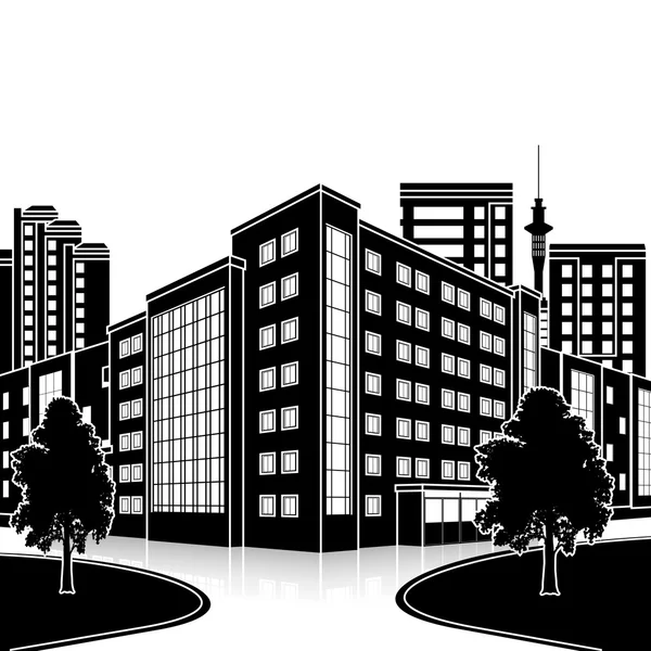 Immeuble de bureaux silhouette avec entrée et réflexion — Image vectorielle