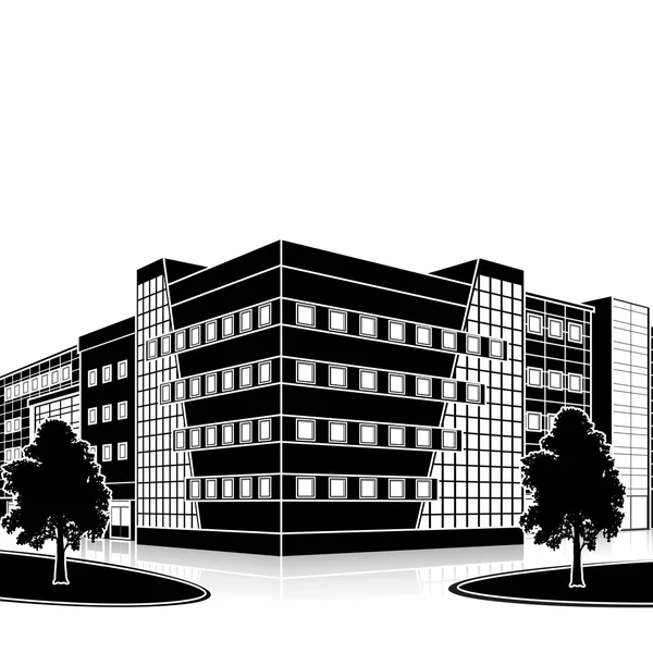 Immeuble de bureaux silhouette avec entrée et réflexion — Image vectorielle