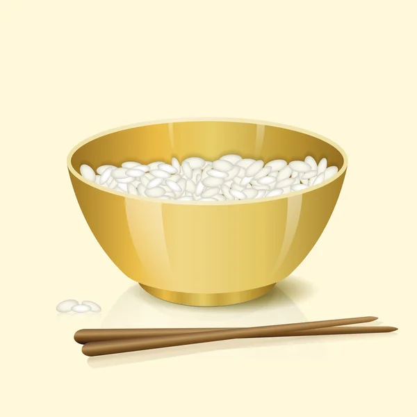 Tigela amarela com arroz e pauzinhos — Vetor de Stock