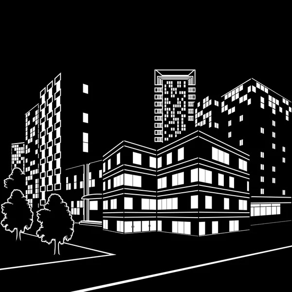 Silhouette von Gebäuden und Straßen bei Nacht — Stockvektor