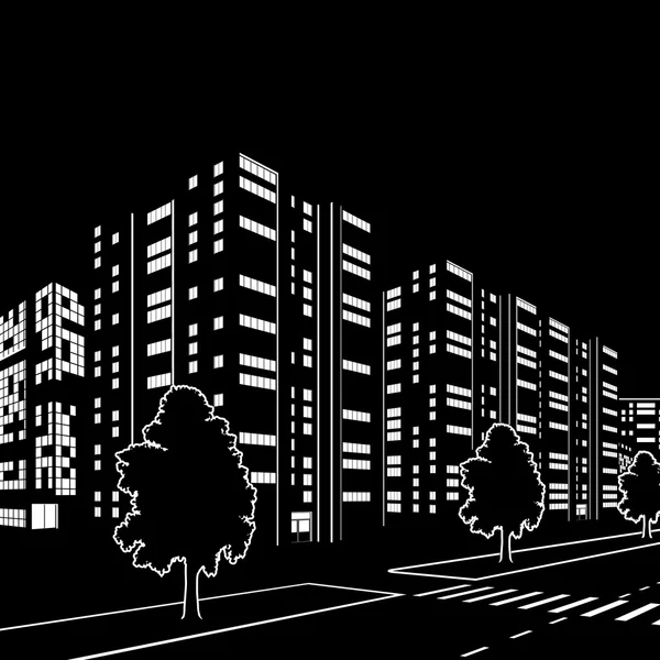 Silueta de edificios y calles por la noche — Vector de stock