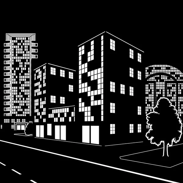 Silhouette des bâtiments et des rues la nuit — Image vectorielle