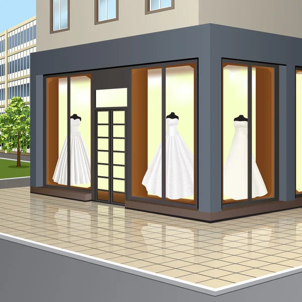 Escaparate con vestidos de novia — Vector de stock