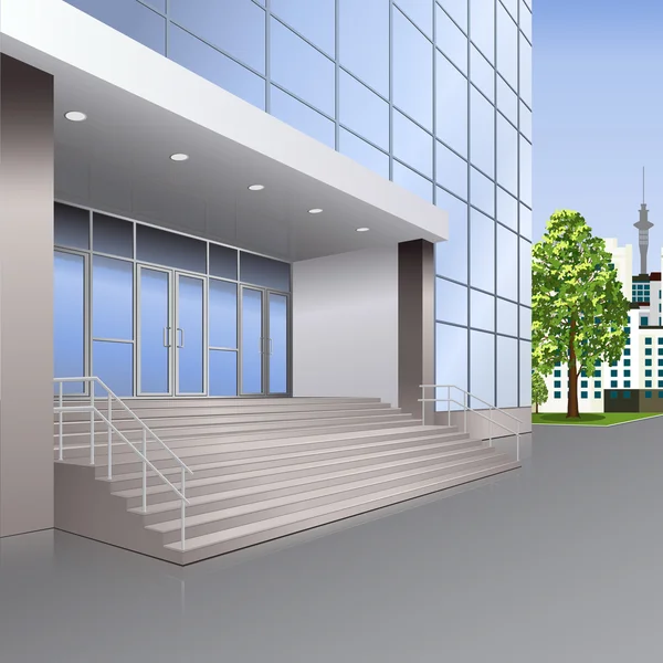 Entrada al edificio con escaleras y lámparas — Vector de stock