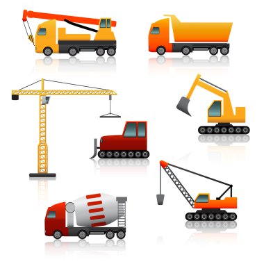 icon construction equipment  	crane, scoop, mixer with reflectio clipart