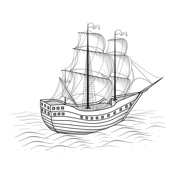Altes Schiff mit Segeln und Meer — Stockvektor