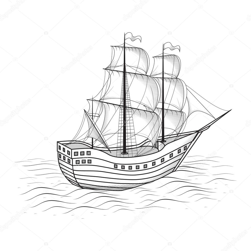 old ship with sails and the sea