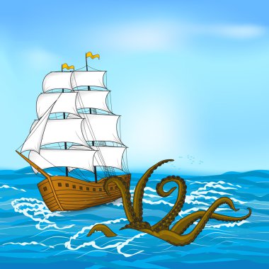 Denizde yelkenli gemi ve kraken vintage