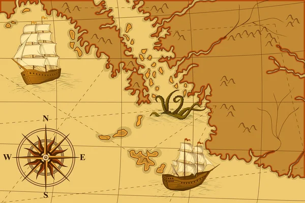 用指南针和船的旧地图 — 图库矢量图片