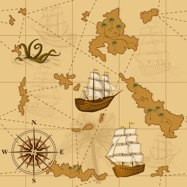 Seamless old map with a compass and ships — Stock Vector