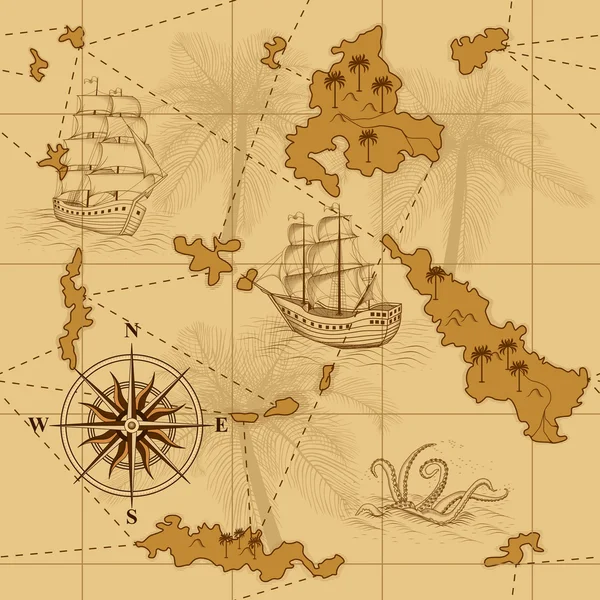 Бесшовная старая карта с компасом и кораблями — стоковый вектор
