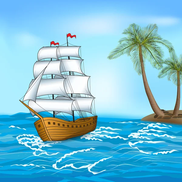 Vintage sailing ship in the sea against the backdrop of palm tre — Stock Vector