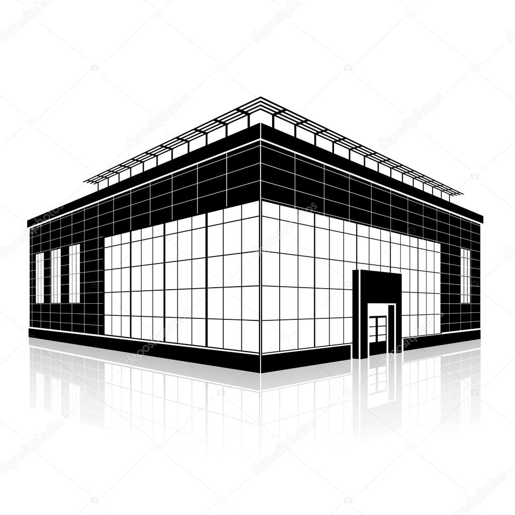 silhouette office building with an entrance and reflection