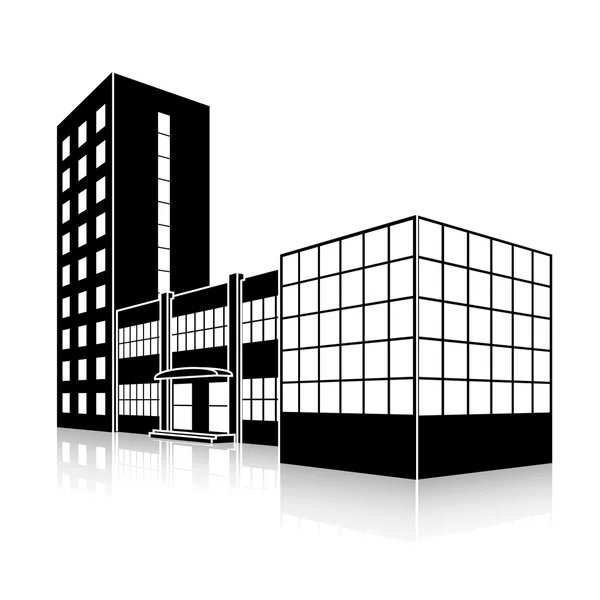 Silhouette office building with an entrance and reflection — Stock Vector