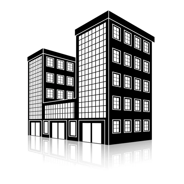 Silueta edificio de oficinas con una entrada y reflexión — Vector de stock