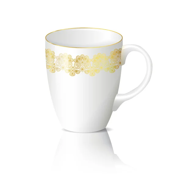 Tasse blanche avec des ornements d'or avec réflexion — Image vectorielle